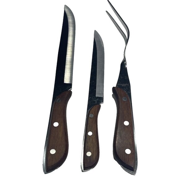 3 Vintage Stainless Steel Carving Meat Fork, 2 Knifes Brown Wooden Handles Japan - Picture 2 of 8